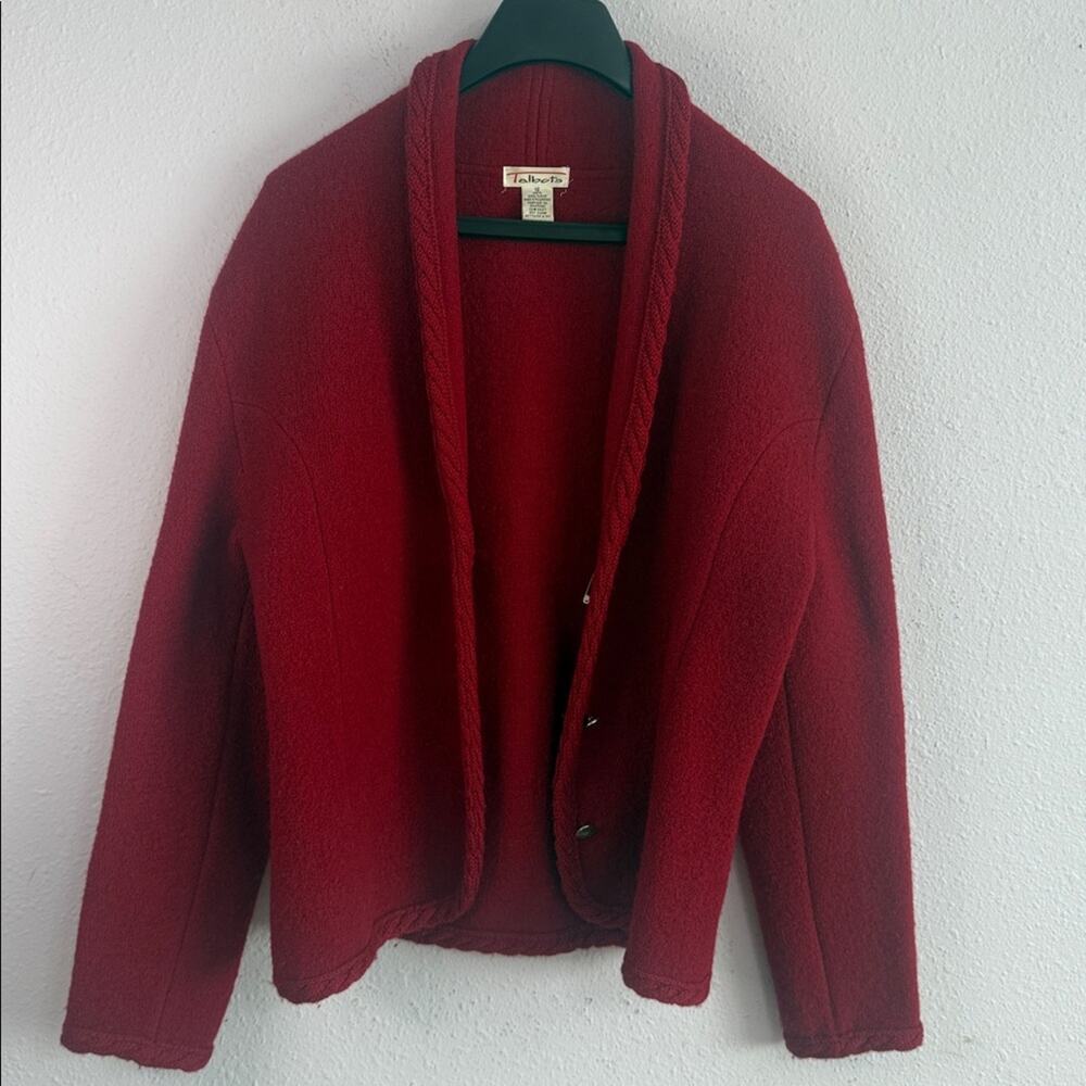 Vintage Talbots Deep Red Wool Scallop Collar Button Up Cardigan Jacket Size 12